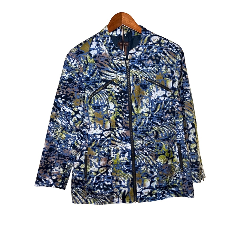 Multiples Zip Front Jacket Women Large Blue Abstract Print Studded